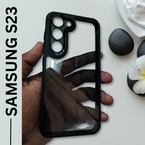 Samsung S23 Back Cover – 50% Transparent Hard Case with Black Border | Stylish Grip & Strong Protection
