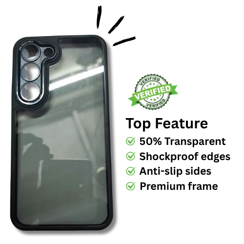 Samsung S23 Back Cover – 50% Transparent Hard Case with Black Border | Stylish Grip & Strong Protection