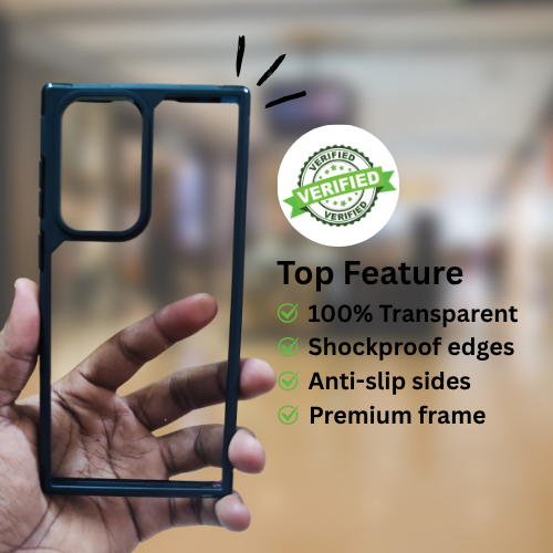 Samsung S22 Ultra Back Cover – Transparent Hard Case with Black Border | Shockproof & Slim Fit