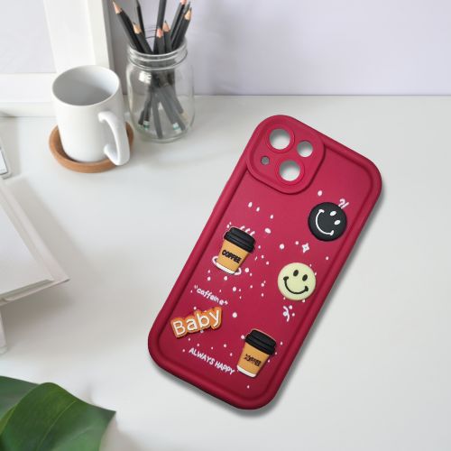 iPhone 14 Maroon Brew Buddy Case – Puffy Perks | 3D Cartoon Coffee Soft Shell Cover