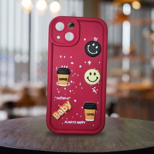 iPhone 14 Maroon Brew Buddy Case – Puffy Perks | 3D Cartoon Coffee Soft Shell Cover