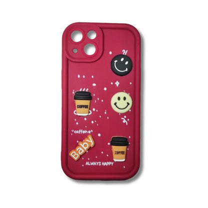iPhone 14 Maroon Brew Buddy Case – Puffy Perks | 3D Cartoon Coffee Soft Shell Cover