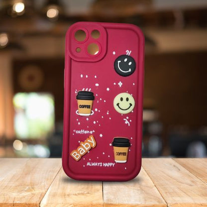 iPhone 14 Maroon Brew Buddy Case – Puffy Perks | 3D Cartoon Coffee Soft Shell Cover